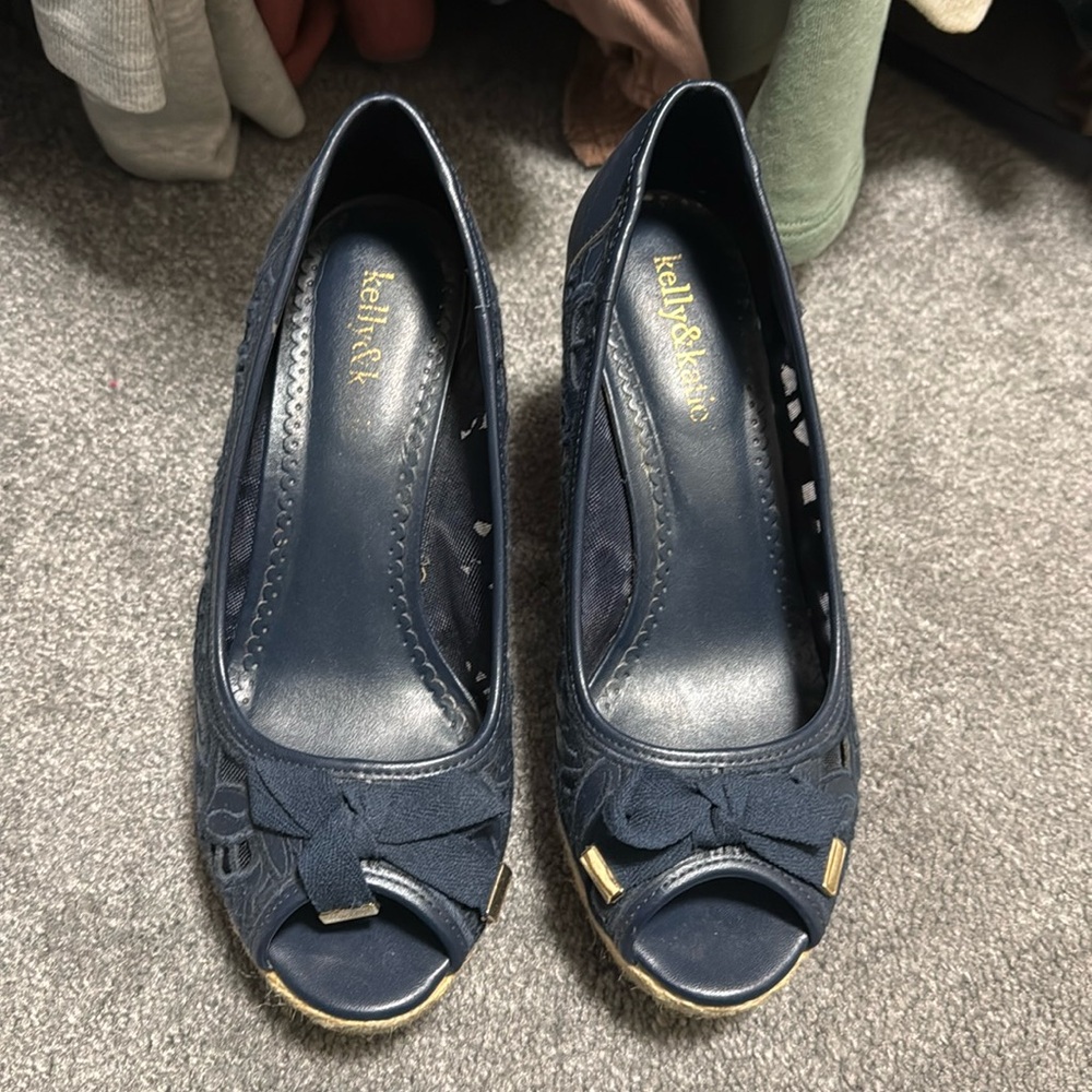 Navy Mesh and Floral Wedge with Raffia Bottom